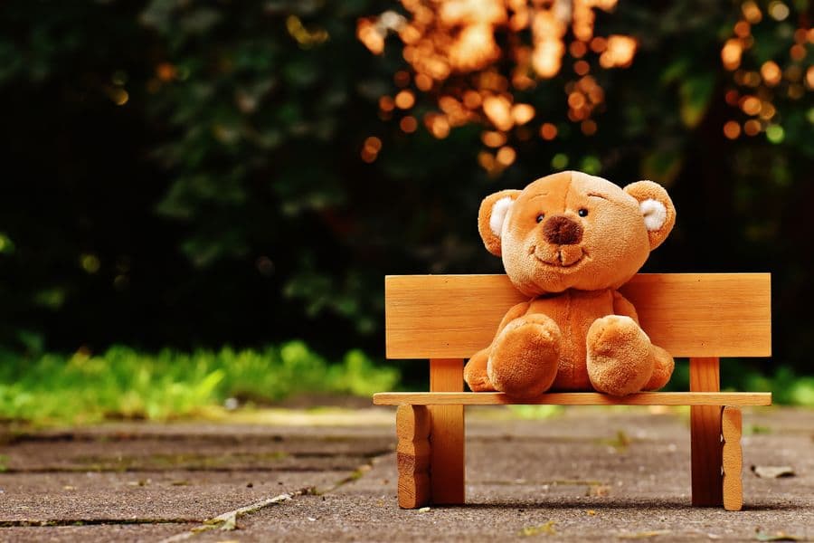 A soft toy bear sitting on a wooden bench